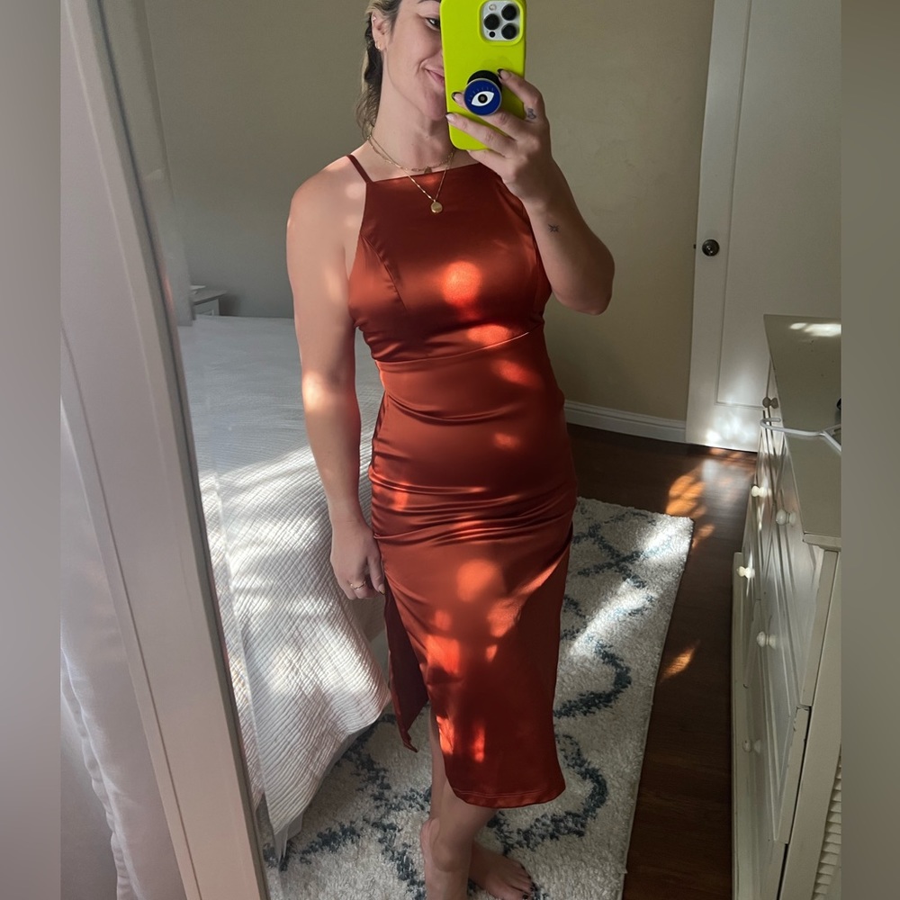 Lulus Bronze Satin High Neck Midi Dress Small